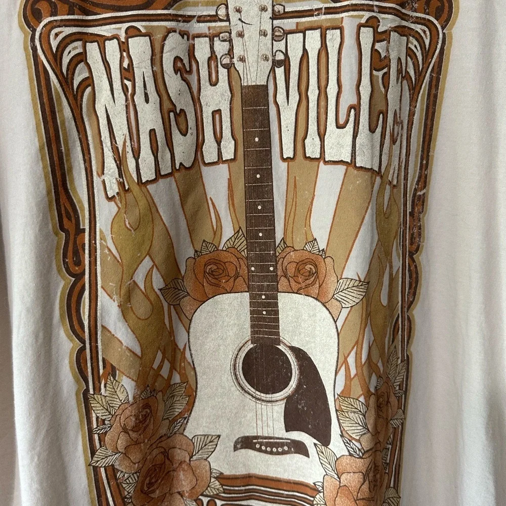 Originality Cream Nashville Guitar Flames and Floral Graphic Short Sleeve Tee - Picture 2 of 5